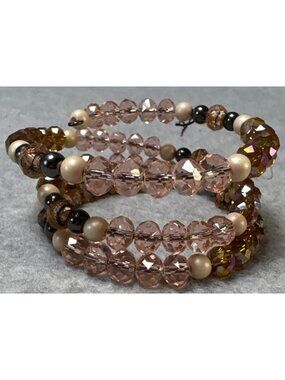 Beaded Wrap Bracelet Pink & Amber Crystal Beads Stretchable Design Women Teens